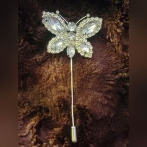 Stunning Vintage Silver and Clear Rhinestone Butterfly Stick Pin